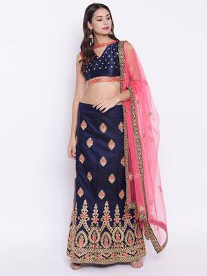 Chhabra 555 Blue Silk Zari Embroidered Semi Stitched Lehenga Choli with Pink Dupatta 2