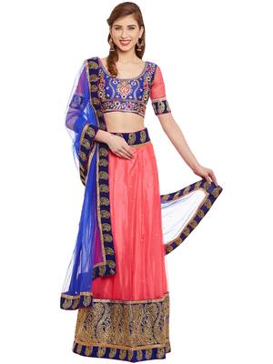 Chhabra 555 Pink & Blue Net Embroidered Semi Stitched Lehenga Choli With Dupatta 1