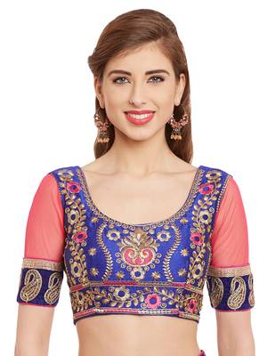 Chhabra 555 Pink & Blue Net Embroidered Semi Stitched Lehenga Choli With Dupatta 3