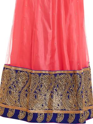 Chhabra 555 Pink & Blue Net Embroidered Semi Stitched Lehenga Choli With Dupatta 4