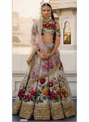 Beautiful Grey Colored Floral Print Partywear Designer Embroidered Art Silk Lehenga Choli Dupatta Set 1