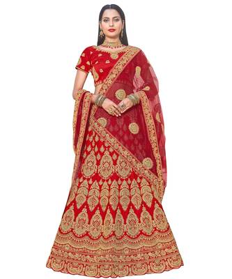 Chhabra 555 Gold & Red Satin Heavy Zari Embroidery Semistitched Lehenga Choli With Net Dupatta 1