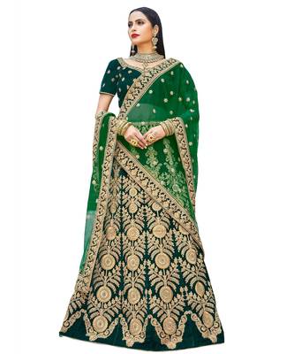 Chhabra 555 Green Heavy Zari Embroidered Velvet Semi Stitched Lehenga Choli With Net Dupatta. 1