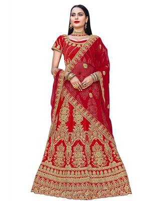 Chhabra 555 Red Satin Zari Embroidery Semi Stitched Lehenga Choli With Net Dupatta 1