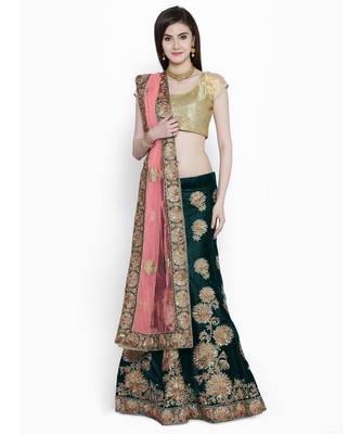 Chhabra 555 Green Velvet Heavy Zari Embroidered Semi Stitched Lehenga Choli With Dupatta 1