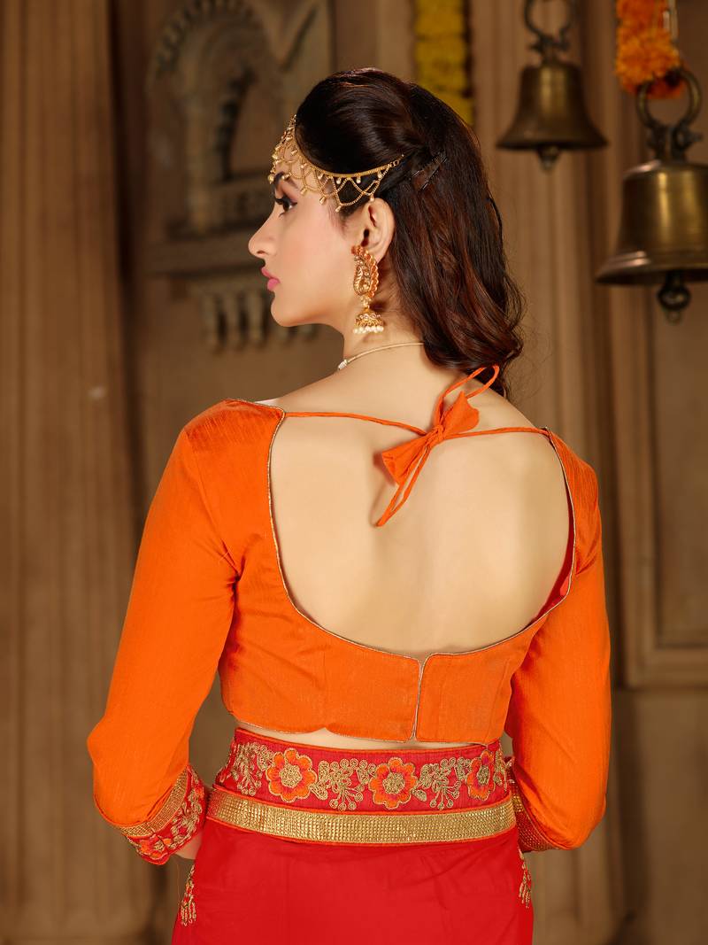 Red embroidered georgette saree with blouse