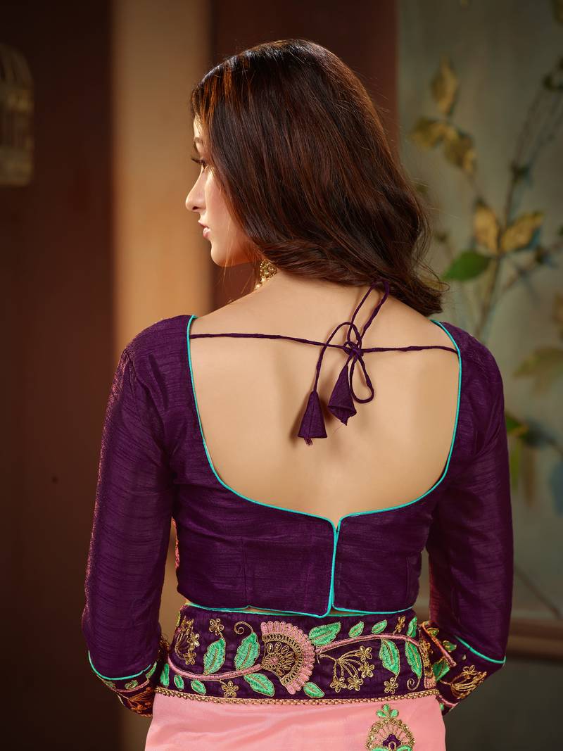 Pink embroidered cotton silk saree with blouse