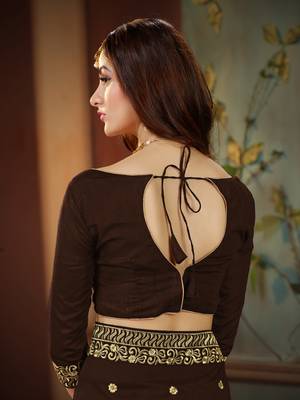 Brown embroidered cotton silk saree with blouse 6
