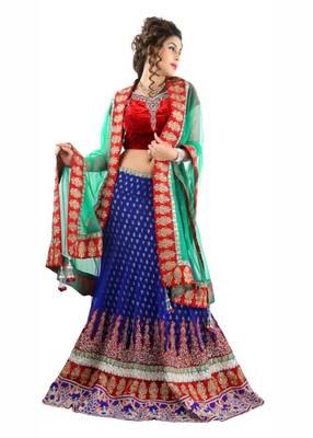 Designer Net Fabric  Red Colored Embroidered Lahenga Choli 1
