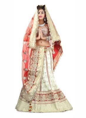 Designer Net Fabric  Beige Colored Embroidered Lahenga Choli 1