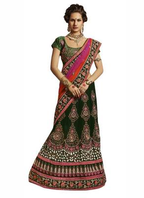 Designer Net Fabric Green Colored Embroidered Lahenga Choli 1