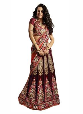 Designer Net Fabric Red Colored Embroidered Lahenga Choli 1