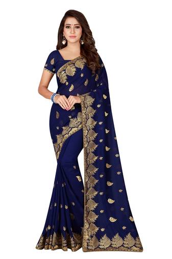 Navy blue embroidered faux georgette saree with blouse