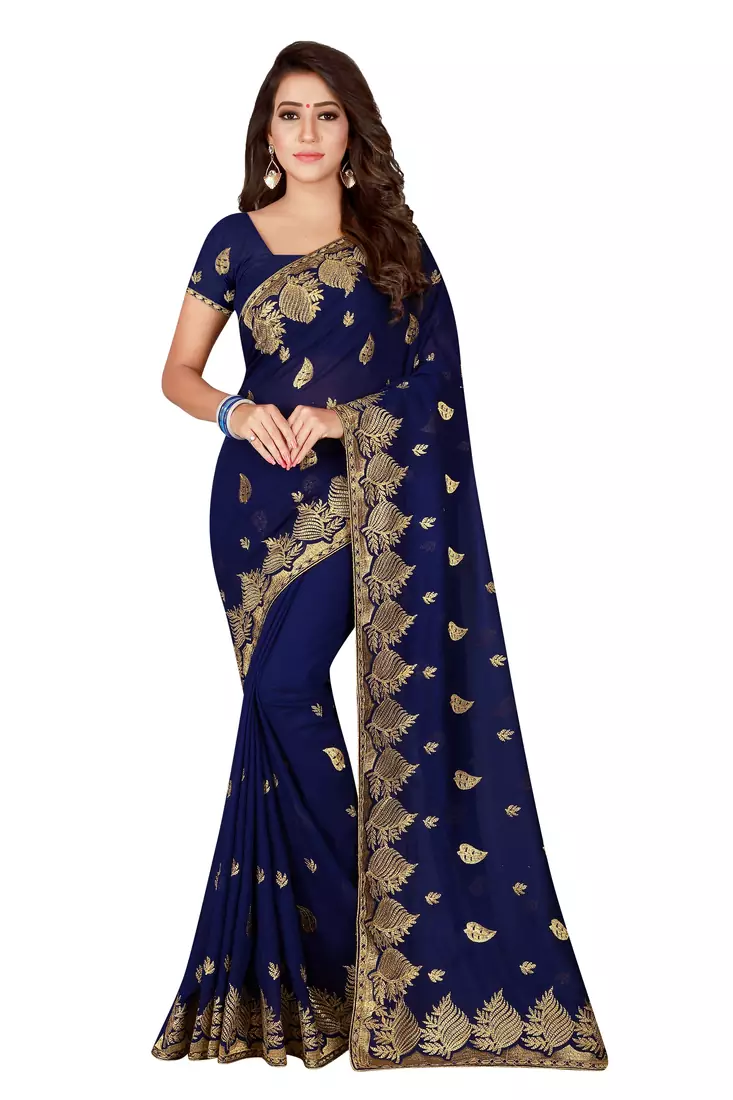 Navy blue embroidered faux georgette saree with blouse