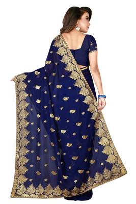 Navy Blue Embroidered Faux Georgette Saree With Blouse 4