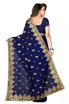 Navy Blue Embroidered Faux Georgette Saree With Blouse