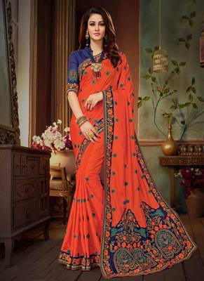 Rust embroidered silk blend saree with blouse 1