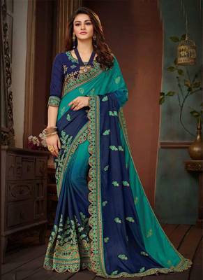 Navy blue embroidered silk blend saree with blouse 1