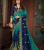 Navy blue embroidered silk blend saree with blouse