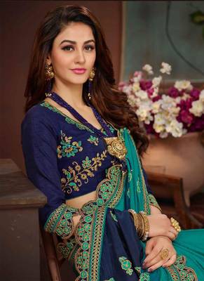 Navy blue embroidered silk blend saree with blouse 2