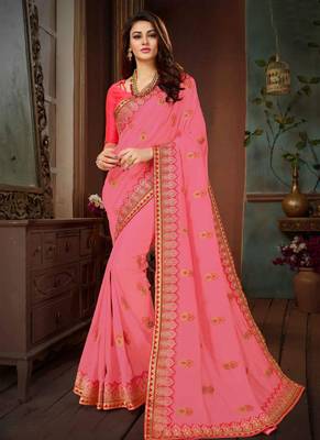 Pink embroidered silk blend saree with blouse 1
