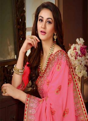 Pink embroidered silk blend saree with blouse 2