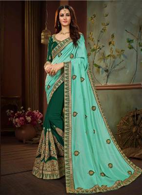 Sea green embroidered silk blend saree with blouse 1