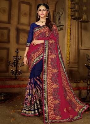 Crimson embroidered silk blend saree with blouse 1