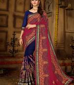 Crimson embroidered silk blend saree with blouse
