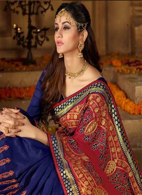 Crimson embroidered silk blend saree with blouse 2