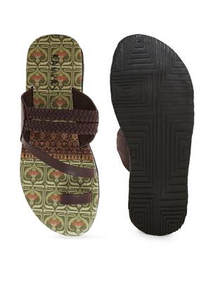 KANVAS Men's  Green & Brown TPR Sole Material Printed Slip on Chappals 1
