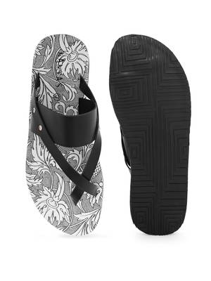 KANVAS Men's  White & Black TPR Sole Material Printed Slip on Chappals 1