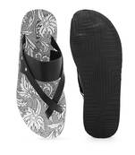 KANVAS Men's  White & Black TPR Sole Material Printed Slip on Chappals