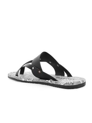 KANVAS Men's  White & Black TPR Sole Material Printed Slip on Chappals 3