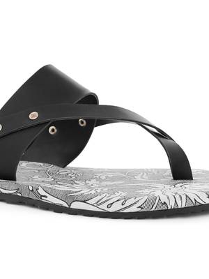 KANVAS Men's  White & Black TPR Sole Material Printed Slip on Chappals 5
