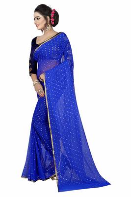 Blue plain nazneen saree with blouse 2