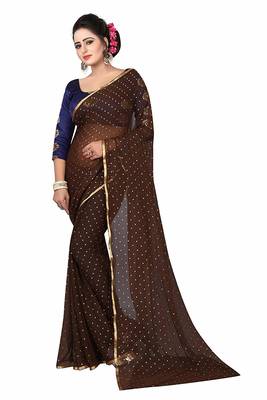 Brown plain nazneen saree with blouse 1