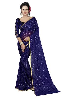 Navy blue plain nazneen saree with blouse 1