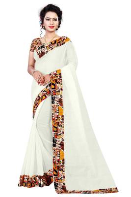 White printed chanderi saree with blouse 1