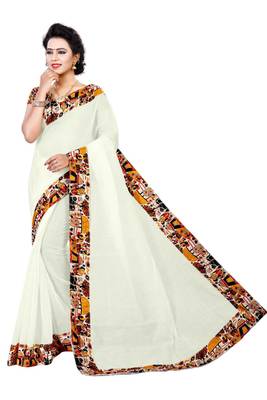 White printed chanderi saree with blouse 2