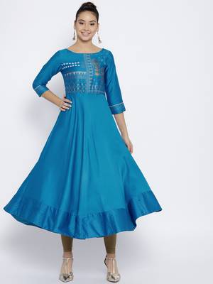 Turquoise Satin None long kurtis 1
