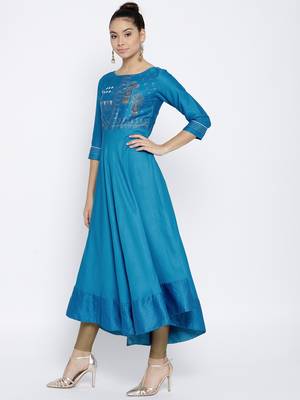 Turquoise Satin None long kurtis 3