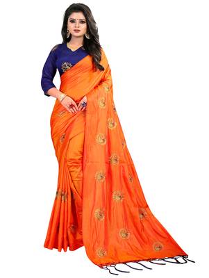 Orange embroidered silk saree with blouse 1