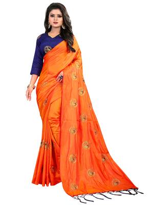Orange embroidered silk saree with blouse 2