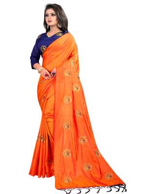Orange embroidered silk saree with blouse 3