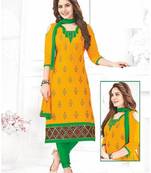 Yellow Thread Embroidery Cotton Unstitched Salwar With Dupatta