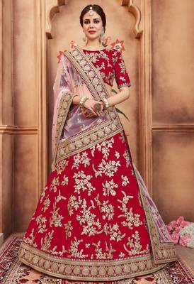 Mesmerizing Red Gold Dori, Matte Sequins Embroidered Bangalory Silk Semi Stitched wedding lehenga 1