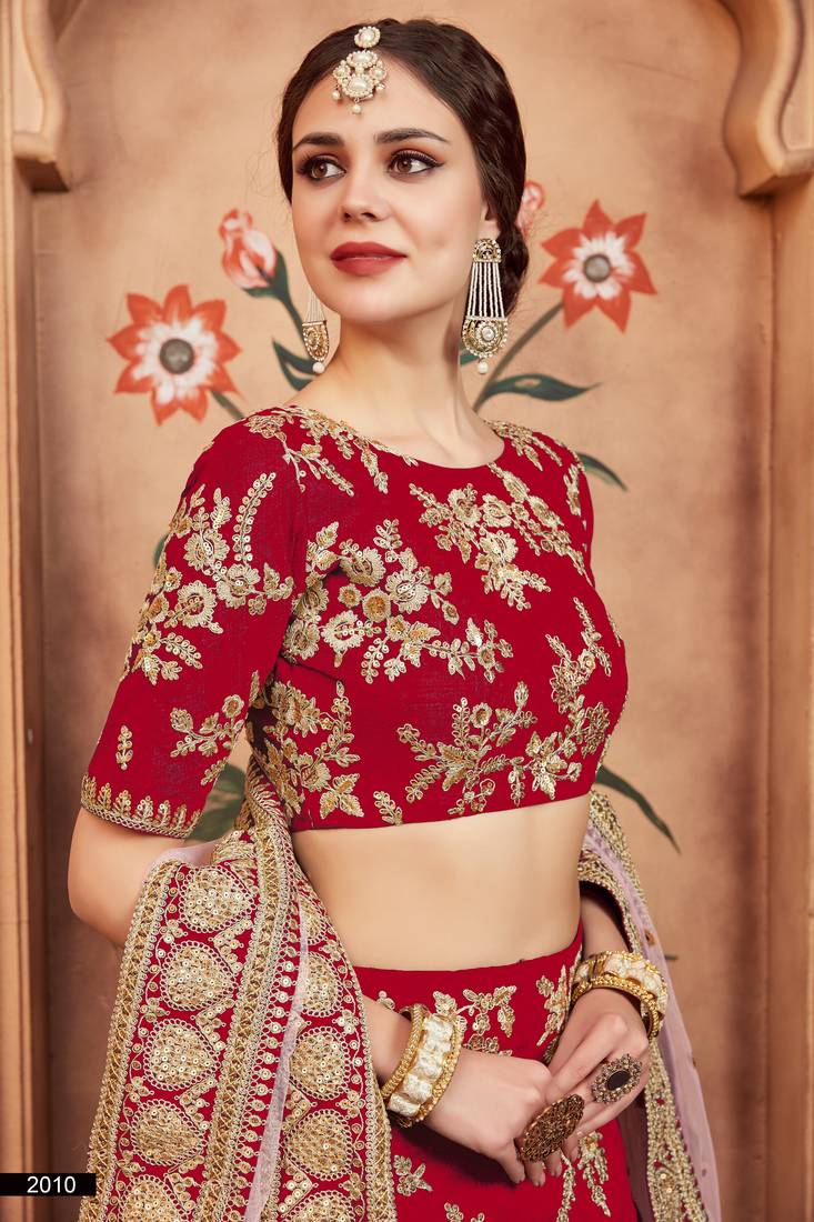 Mesmerizing Red Gold Dori, Matte Sequins Embroidered Bangalory Silk Semi Stitched wedding lehenga