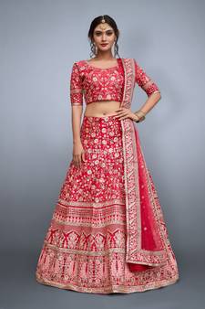 Pink Sequins Embroidered Art Silk Semi Stitched bridal lehenga