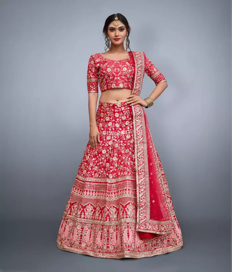 Pink Sequins Embroidered Art Silk Semi Stitched bridal lehenga
